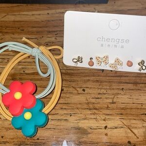 Kids Flower Hair Ties and Earrings Set - Red, Blue, Orange